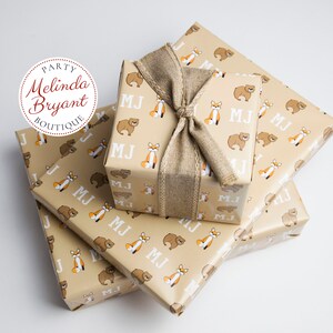 Monogrammed Woodland Gift Wrap perfect for first birthday or Christmas featuring foxes and bears / personalized custom wrapping paper image 4