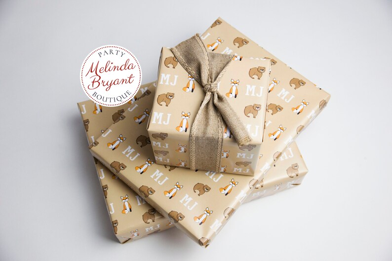 Monogrammed Woodland Gift Wrap perfect for first birthday or Christmas featuring foxes and bears / personalized custom wrapping paper image 4