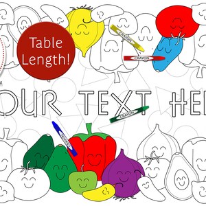 Könnte beinhalten: Eine Schwarzweiß-Malvorlage mit verschiedenen Gemüsesorten mit fröhlichen Gesichtern. Die Vorlage ist für einen Tischläufer konzipiert und enthält den Text "Table Length!" und "YOUR TEXT HERE".