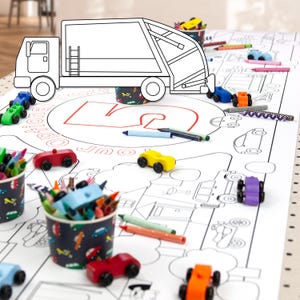 Cars and Trucks Birthday Coloring Page Table Runner Decor Personalized Gift / Toddler Kids Table Activities / Children's Party Games