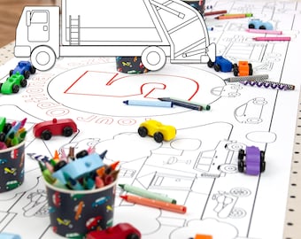 Cars and Trucks Birthday Coloring Page Table Runner Decor Personalized Gift / Toddler Kids Table Activities / Children's Party Games