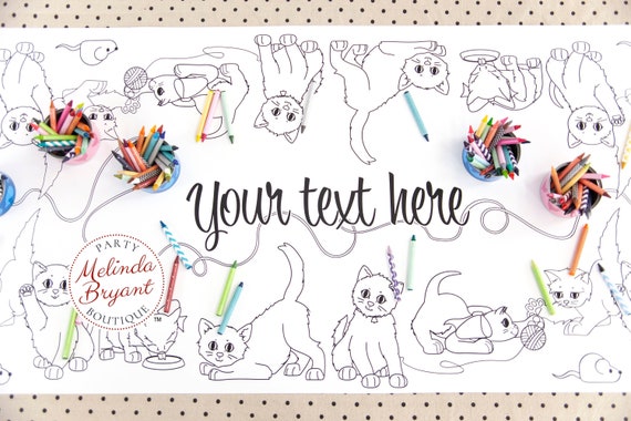 Personalized Kitty Cat Birthday Coloring Table Runner / Kitten Themed Activity Tablecloth for Kids Crafts Children's Party Games Play Room