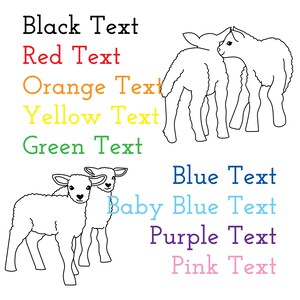 Two sets of black and white line drawings of lambs. The top set shows two lambs with one lamb's head resting on the other lamb's back. The bottom set shows two lambs standing side by side. The image also includes text in various colors: black, red, orange, yellow, green, blue, baby blue, purple, and pink. The text reads: Black Text, Red Text, Orange Text, Yellow Text, Green Text, Blue Text, Baby Blue Text, Purple Text, Pink Text.