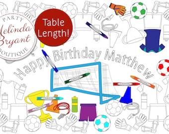 Décoration d'anniversaire personnalisée sur le thème du football football, bannière à colorier, chemin de table / activité de table pour enfants fête d'équipe / cadeau de premier anniversaire