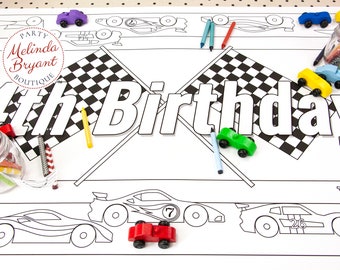 Personalized Race Cars Birthday Party Decor Coloring Page Table Runner / First Birthday Banner Kids Table Activities Children's Party Games