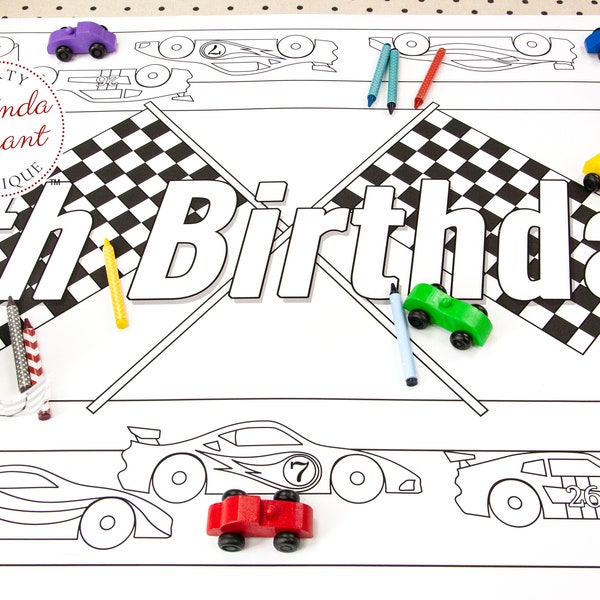 Personalized Race Cars Birthday Party Decor Coloring Page Table Runner / First Birthday Banner Kids Table Activities Children's Party Games
