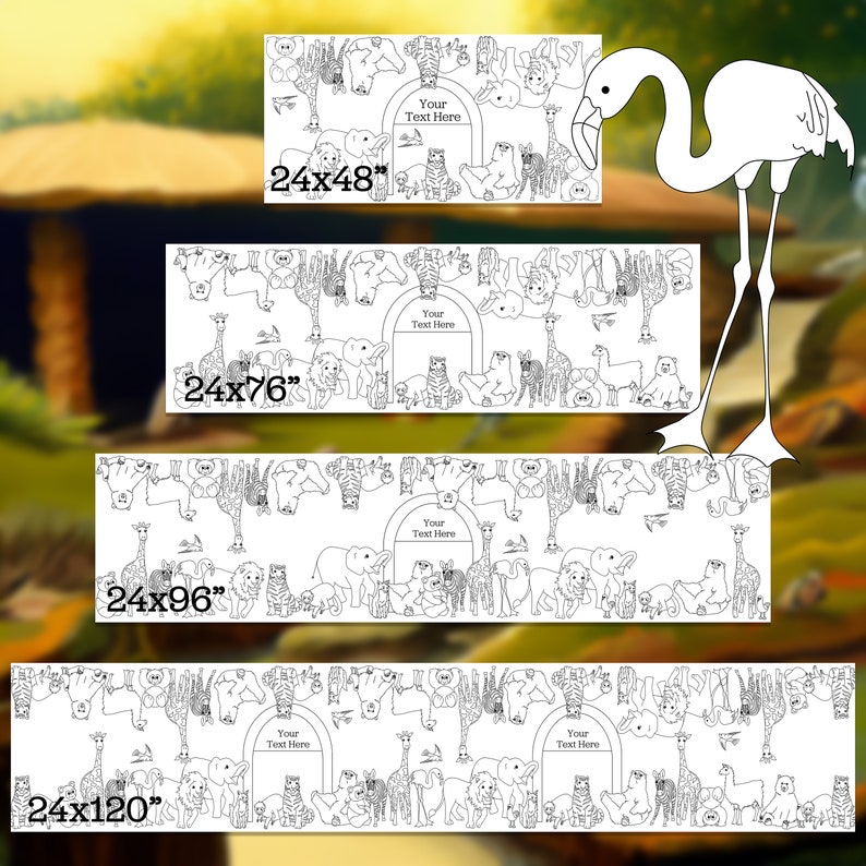 May include: Black and white animal-themed fabric panels in various sizes: 24x48 inches, 24x76 inches, 24x96 inches, and 24x120 inches. Each panel features a repeating pattern of cartoon animals and a space for custom text.