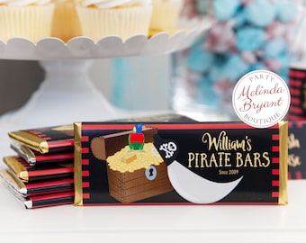 Personalized Pirate Candy Bar Wrappers with Red Black and Stripes for Childrens Birthday Party Favors and Dessert Table Decorations