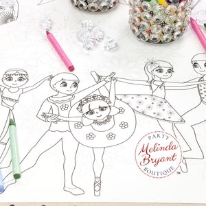 May include: A black and white coloring page featuring a ballerina, a dancer, and a couple dancing. The page is titled "Party Melinda Bryant Boutique".
