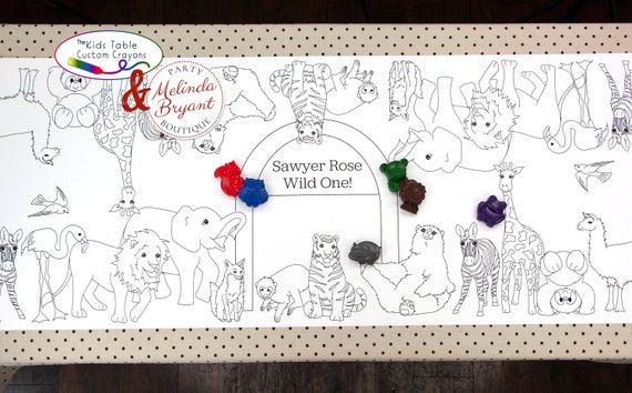 Zoo coloring page paper table runner Safari themed birthday party décor Wild animal tablecloth Personalized kids jungle coloring station