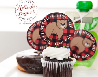Personalized Valentine Cupcake Topper Kit Woodland Bear Themed / Red and Black Buffalo Check Lumberjack Party Decor for First Birthday