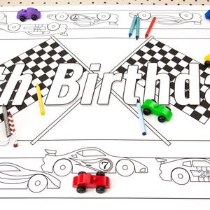 Decorazione per feste di compleanno con auto da corsa personalizzate, pagina da colorare, runner da tavolo/striscione per il primo compleanno, attività da tavolo per bambini, giochi per feste per bambini