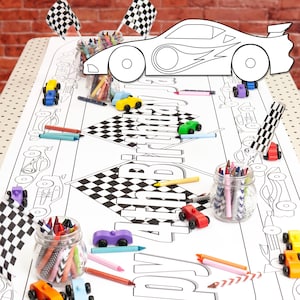 Decoración personalizada para fiesta de cumpleaños con coches de carreras: mantel para colorear, pancarta de primer cumpleaños, actividades para la mesa de los niños, juegos para fiestas infantiles.