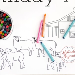 Illustrations of sheep and lambs and a horse barn.