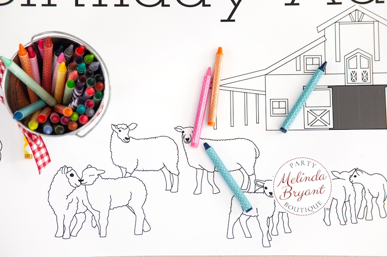 Illustrations of sheep and lambs and a horse barn.