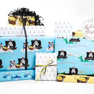Set di carta da regalo personalizzata con tema pirati e tesori con testo personalizzato e nome del bambino / carta da regalo a tema nave pirata per festa di compleanno in acquario