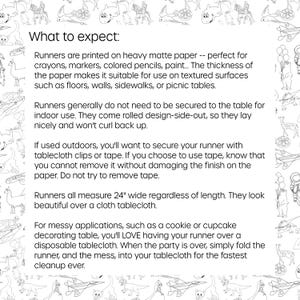 May include: White text on a white background describes the features of table runners. The text states the runners are printed on heavy matte paper, measure 24 inches wide, and are suitable for various surfaces. The text also says the runners are rolled design-side-out.