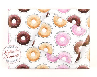 Personalized Pink Donuts with Sprinkles Gift Wrap perfect for first birthday or baby shower and includes custom text / chocolate and maple