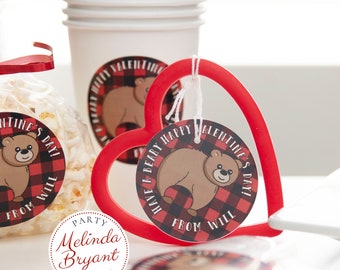 Personalized Valentine Gift Tags for Children Woodland Bear Themed / Red and Black Buffalo Check Birthday Favors / Lumberjack First Birthday