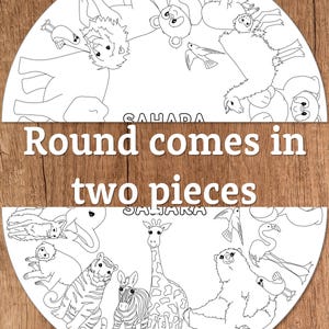 Zoo coloring page paper table runner Safari themed birthday party décor Wild animal tablecloth Personalized kids jungle coloring station 48" Round
