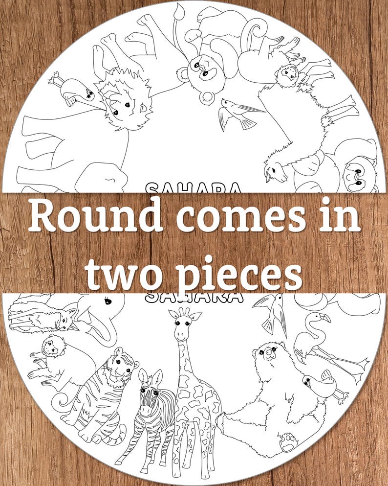 Zoo coloring page paper table runner Safari themed birthday party décor Wild animal tablecloth Personalized kids jungle coloring station 48" Round