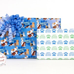 Personalized Puppies and Paw Prints Gift Wrap Set for Puppy Adoption Party or first birthday or baby shower and includes custom text