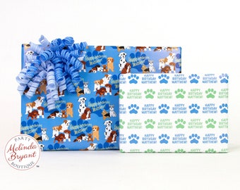 Personalized Puppies and Paw Prints Gift Wrap Set for Puppy Adoption Party or first birthday or baby shower and includes custom text