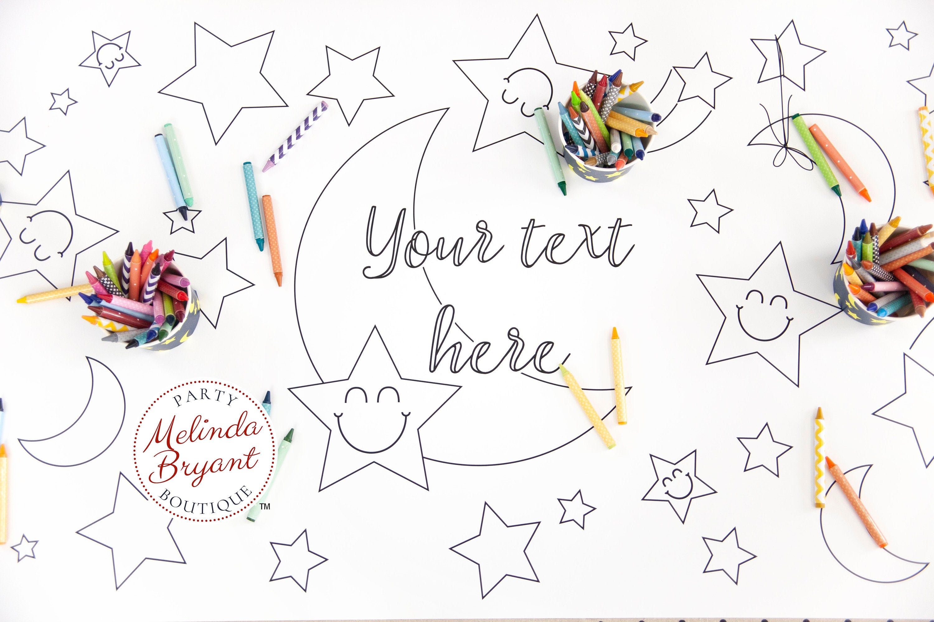 Moon and Stars Coloring Table Runner Personalized for Your Birthday Party or Baby Shower a Fun Activity and Cute Kids Corner