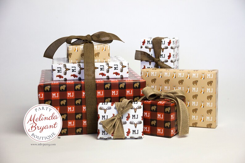 Monogrammed Woodland Gift Wrap perfect for first birthday or Christmas featuring foxes and bears / personalized custom wrapping paper image 2