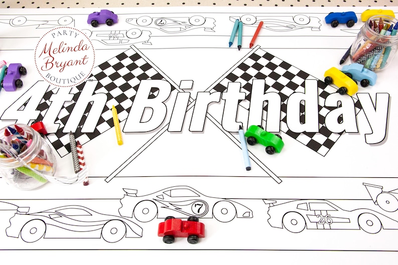 May include: A white coloring placemat with a race car theme, featuring the text "4th Birthday" in large letters. The placemat is decorated with race cars, checkered flags, and toy cars in various colors, along with crayons.