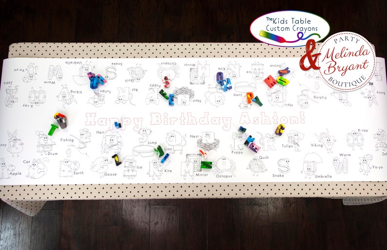 ABC Themed Personalized Alphabet Coloring Table Runner Birthday Party Decoration or Back to School Game for Kids Table Activity image 4