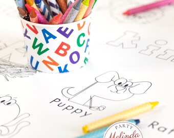 ABC Themed Personalized Alphabet Coloring Table Runner Birthday Party Decoration or Back to School Game for Kids Table Activity