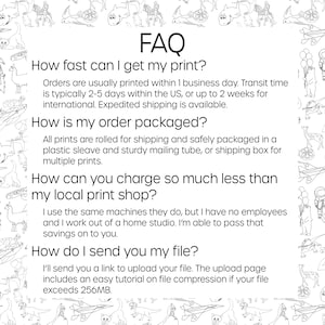 May include: Black and white illustration of a FAQ section with information about print orders, packaging, pricing, and file submission. The text includes information about shipping times, packaging methods, and file size limits.