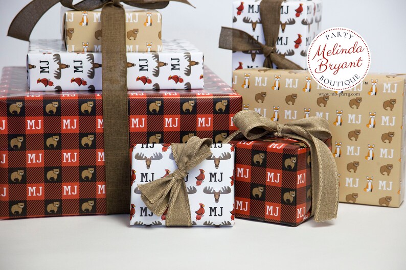 Monogrammed Woodland Gift Wrap perfect for first birthday or Christmas featuring foxes and bears / personalized custom wrapping paper image 5