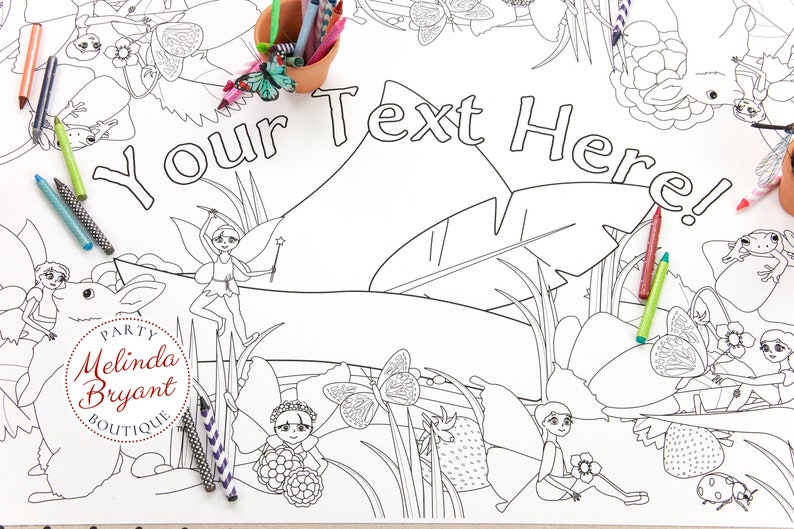This detail of the center of my Fairy coloring table runner features a Peter Pan hat with a feather, laying in the center of a garden. Arched over it is custom text. It is surrounded by fairies, butterflies, strawberries, lady bugs, and bunnies.