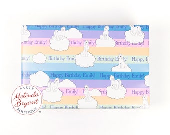 Personalized Unicorns and Rainbows Gift Wrap perfect for first birthday or baby shower and includes custom text / also available in a set