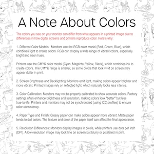 May include: White text on a white background explains how colors differ between digital screens and printed images. The text is titled "A Note About Colors" and details the differences in color models, brightness, calibration, paper type, and resolution.