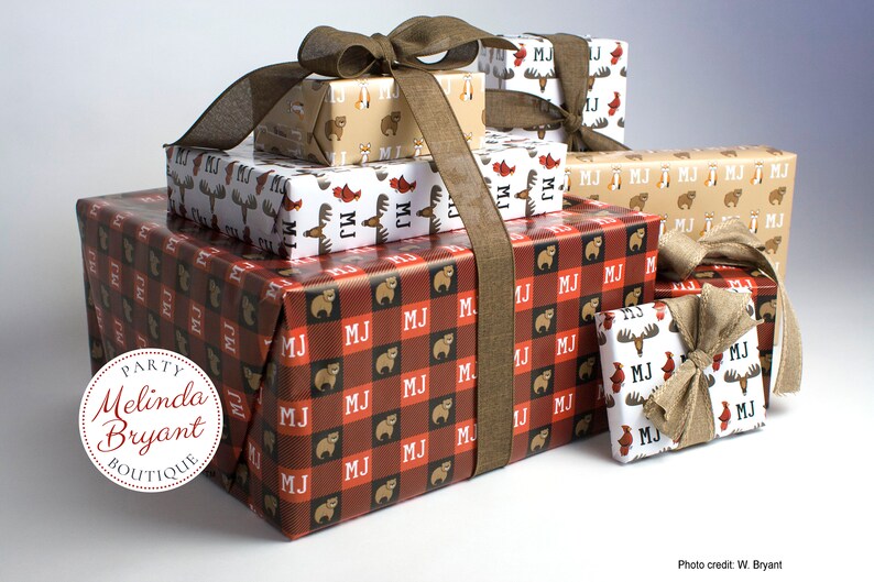 Monogrammed Woodland Gift Wrap perfect for first birthday or Christmas featuring foxes and bears / personalized custom wrapping paper image 9