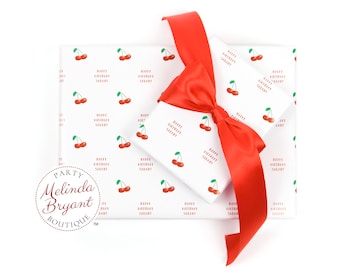 Cherry Themed Wrapping Paper with Personalized Text / Farmers Market Birthday Party Decor Fruit Stand Gift Wrap fun for Second Birthday