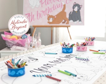 Kitty Cat Birthday Decorations Coloring Table Runner / Kitten Themed Activity Tablecloth for Kids Crafts Children's Party Games Play Room