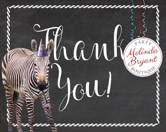 Zebra Thank You Cards Instant Download Digital Zoo Wild Animal Safari Themed First Birthday Quirky Party Printable Chalkboard Style Notecard