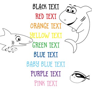 May include: Black and white line art illustration of three cartoon fish. The fish are a shark, a smaller fish, and a fish with a long fin. The text "BLACK TEXT", "RED TEXT", "ORANGE TEXT", "YELLOW TEXT", "GREEN TEXT", "BLUE TEXT", "BABY BLUE TEXT", "PURPLE TEXT", and "PINK TEXT" is written in different colors below the fish.