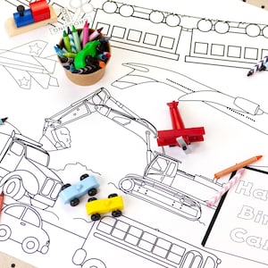 Personalized Transportation Birthday Decor Coloring Page Table Runner / First Birthday Decoration Kids Table Activity Childrens Party Games