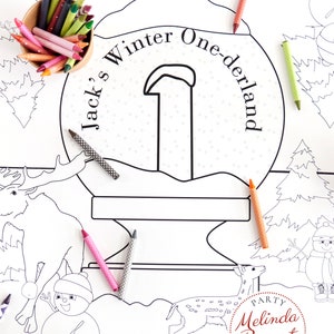 May include: A black and white coloring page featuring a snow globe with the text "Jack's Winter Wonderland". The snow globe is surrounded by various winter-themed illustrations, including a moose, a deer, a snowman, and a tree. The page is designed for children to color.