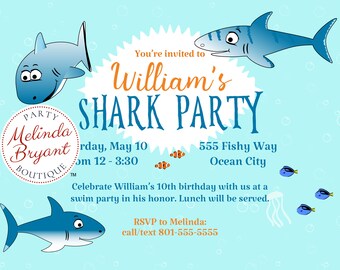 Invitation d’anniversaire de requin Ecard imprimable pour baby shower ou événement sur le thème de l’océan Idéal pour l’aquarium ou la fête de piscine de jardin Texte personnalisé