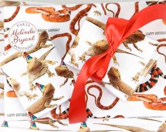 Bearded Dragon and Snake Personalized Birthday Gift Wrap Featuring Lizard Wearing Party Hat Three Designs Small to Long Rolls Premium Paper