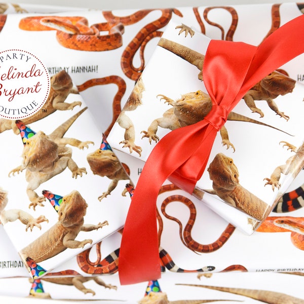 Bearded Dragon and Snake Personalized Birthday Gift Wrap Featuring Lizard Wearing Party Hat Three Designs Small to Long Rolls Premium Paper