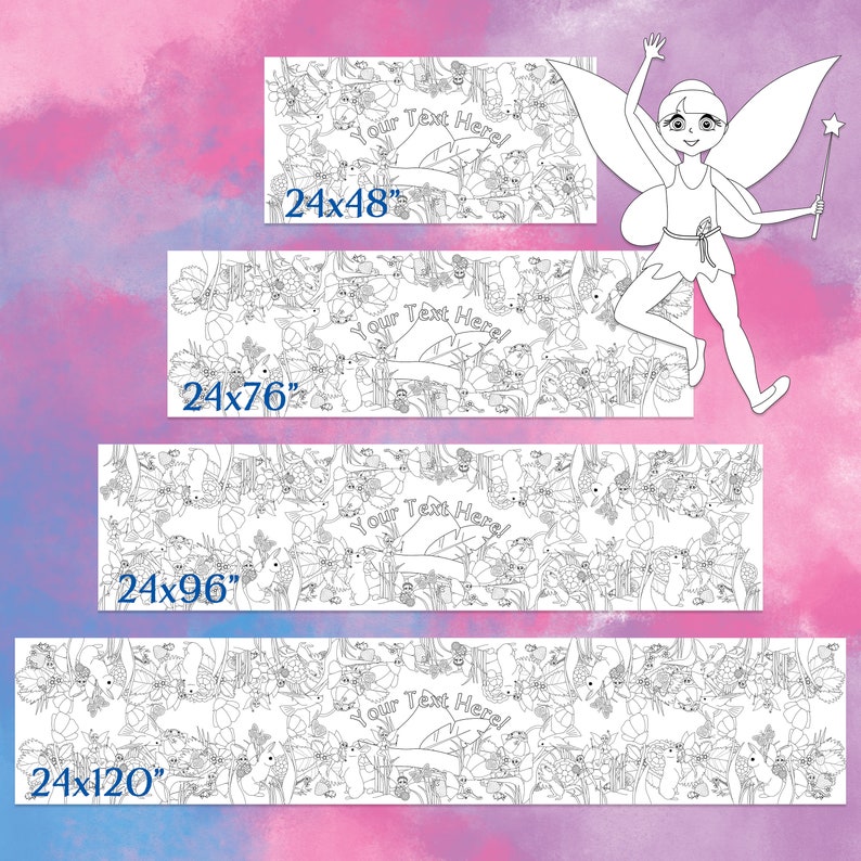 Personalized Fairy Birthday Decor Coloring Banner Paper Table Runner Garden Tea Party Wedding Kids Craft Children's Party Games Activities image 3