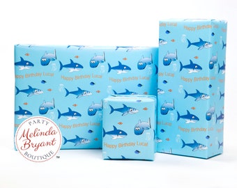 Personalized Shark Themed Gift Wrap with Clown Fish and Text with Childs Name / aquarium birthday party personalized custom wrapping paper