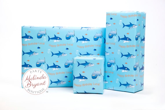 Personalized Shark Themed Gift Wrap With Clown Fish and Text With Childs Name Aquarium Birthday Party Personalized Custom Wrapping Paper Etsy UK